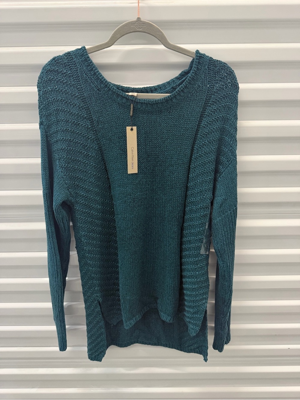 Calvin Klein Jeans Teal Open-Knit Scoop Neck Sweater